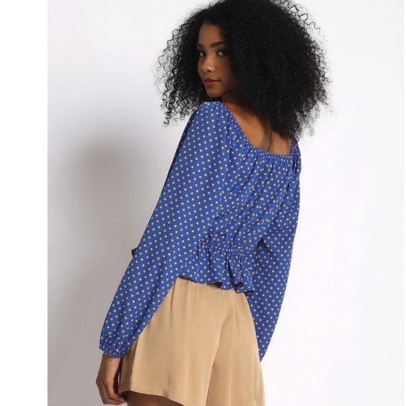 Blue Polka Dot Sweetheart Neck Peplum Long Sleeve Top - Size Large - Picture 10 of 10